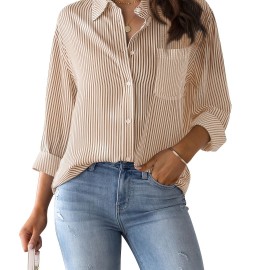 Women's Loose Striped Blouse, Crew Neck Long Sleeve Blouse, Casual Every Day Blouse, Women's Clothing