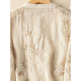 Contrast Trim Button Front Blouse, Casual Three-quarter Sleeve Blouse For Spring & Summer, Women's Clothing