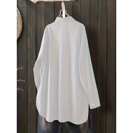 Solid Button Front Curved Hem Shirt, Casual Long Sleeve Shirt For Spring & Fall, Women's Clothing