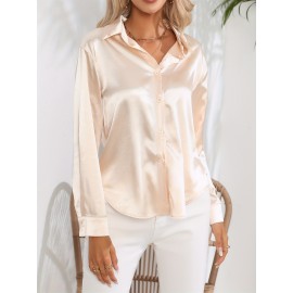 Solid Smoothly Shirt, Elegant Button Front Turn Down Collar Long Sleeve Shirt, Women's Clothing