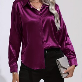 Solid Smoothly Shirt, Elegant Button Front Turn Down Collar Long Sleeve Shirt, Women's Clothing