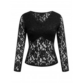 Solid Lace Blouse, Elegant V Neck Long Sleeve Slim Blouse, Women's Clothing