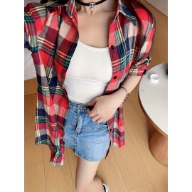 Plaid Print Button Front Shirt, Thigh Length Long Sleeve Shirt For Spring & Fall, Women's Clothing