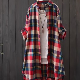 Plaid Print Button Front Shirt, Thigh Length Long Sleeve Shirt For Spring & Fall, Women's Clothing
