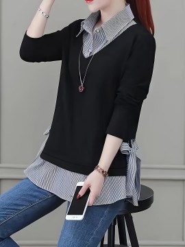 Striped Print Faux Twinset Blouse, Casual Long Sleeve Knot Hem Blouse For Spring & Fall, Women's Clothing