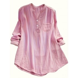 Solid Button Front Blouse, Casual V Neck Long Sleeve Blouse, Women's Clothing