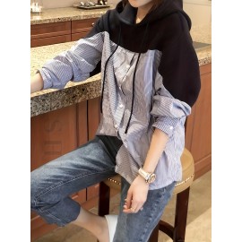 Patchwork Striped Print Button Hoodie, Casual Cuff Sleeve Drawstring Hoodies Sweatshirt, Women's Clothing