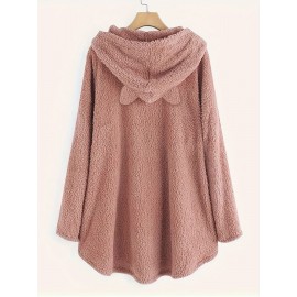 Cat & Butterfly Print Teddy Hoodie, Casual Long Sleeve Kangaroo Pocket Hoodie Sweatshirt, Women's Clothing