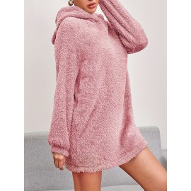 Solid Teddy Hooded Dress, Casual Long Sleeve Warm Dress, Women's Clothing