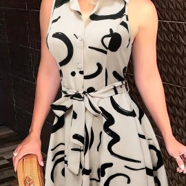 Abstract Print Button Front Sleeveless Dress, Casual Tie-waist Lapel Dress For Spring & Summer, Women's Clothing