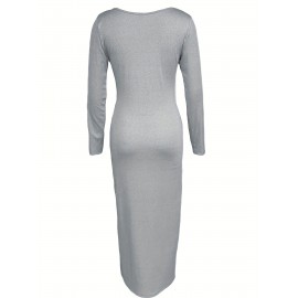 Solid Scoop Neck Dress, Casual Simple Long Sleeve Maxi Dress, Women's Clothing