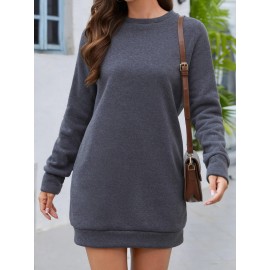 Casual Crew Neck Sweatshirt Dress, Long Sleeve With Pocket Sweatshirt Dresses , Women's Clothings