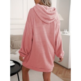 Hooded Teddy Dress, Casual Solid Long Sleeve Warm Dress, Women's Clothing