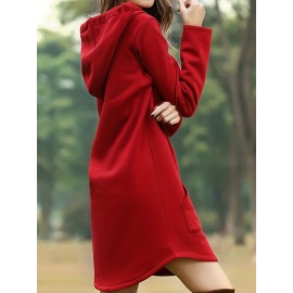 Solid Drawstring Pocket Hooded Dress, Casual Long Sleeve Dress For Spring & Fall, Women's Clothing