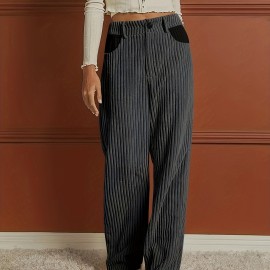 Ribbed Button Front Wide Leg Pants, Casual High Waist Pants, Women's Clothing