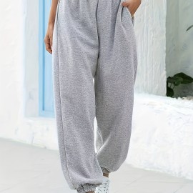 Women's Solid Elastic Sweatpants, Casual High Waist Sweatpants, Casual Every Day Pants, Women's Clothing