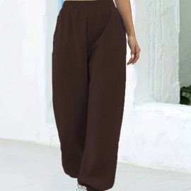 Women's Solid Elastic Sweatpants, Casual High Waist Sweatpants, Casual Every Day Pants, Women's Clothing