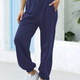 Women's Solid Elastic Sweatpants, Casual High Waist Sweatpants, Casual Every Day Pants, Women's Clothing