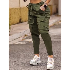 Solid Flap Pocket Jogger Cargo Pants, Casual Drawstring Pants For Spring & Fall, Women's Clothing