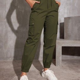 Y2K Solid Pockets Drawstring Cargo Pants, Casual Loose Baggy Pants For All Seasons, Women's Clothing